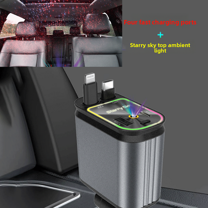 Retractable Car Charger with Fast Charging and LED starry sky light for car ceiling