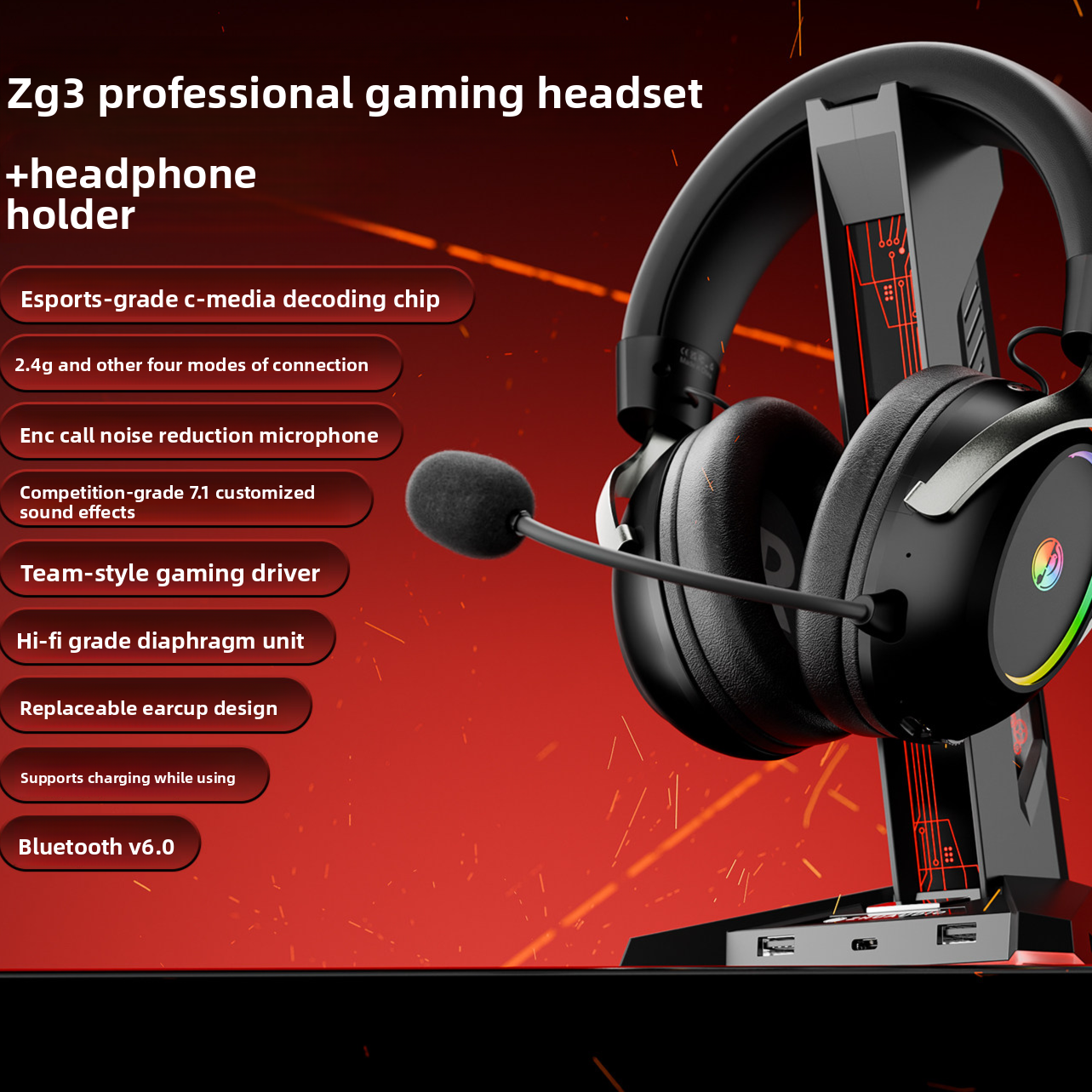 Zg3 E-Sports Gaming Headset Microphone Wireless Wired leather ear cushions
