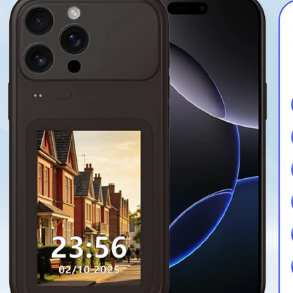 Smart Display Screen Phone Case, Features a 3.5-inch TFT screen for displaying dynamic wallpapers and information. Supports remote photo capture, screen-mirroring for selfies, and built-in games
