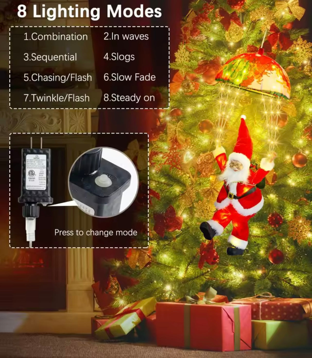 Santa Claus Parachute Christmas, Indoor christmas lights with 8 different light patterns, Memory and Timer Function