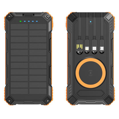 PowerBank with built-in cables and Fast Wireless charging. Equipped with a solar panel to provide emergency power in outdoor environments without access to electricity