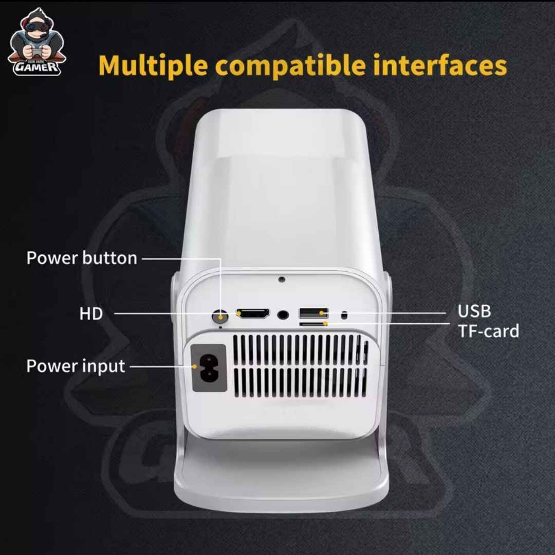 White electronic device with labeled interfaces on a dark background