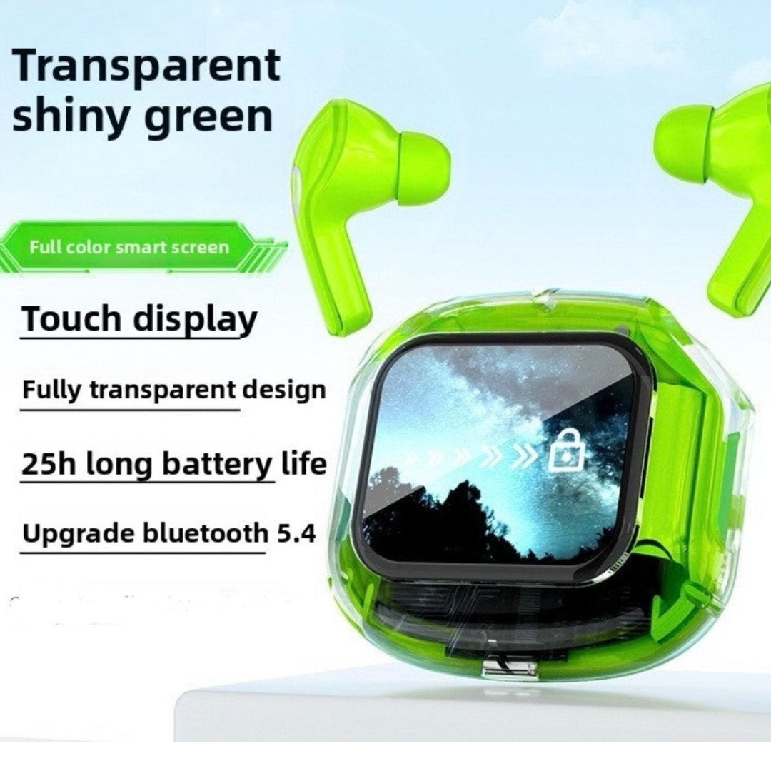 Transparent LCD Bluetooth Headset with Noise Cancellation, Voice Control, Bilateral Stereo Sound, Color Screen, Long Battery Life