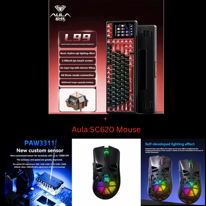 Aula L99 Custom Mechanical Keyboard, Smart Customizable 3.98-inch IPS Touch Screen,RGB LIGHTING: 16 million colour Backlight,Triple Mode Connectivity: Type-C wired/2.4G wireless/Bluetooth - 8000mAh Battery,Hot-Swappable Full 80 Keys