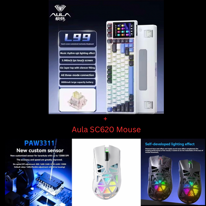 Aula L99 Custom Mechanical Keyboard, Smart Customizable 3.98-inch IPS Touch Screen,RGB LIGHTING: 16 million colour Backlight,Triple Mode Connectivity: Type-C wired/2.4G wireless/Bluetooth - 8000mAh Battery,Hot-Swappable Full 80 Keys