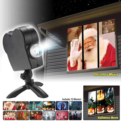 Create Holiday vibes by Projecting on Home Window 12 festive short films for Christmas and Halloween celebrations.