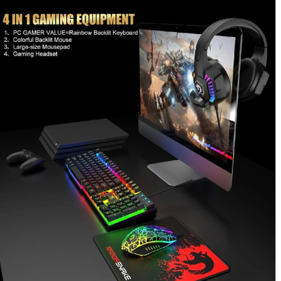 4-in-1 Gaming Combo Bundle Wired Keyboard Mouse Headset & Pad, Wired Keyboard 104 keys and 19 anti-ghosting keys 12 multimedia keys, Wired Gaming Mouse 3 adjustable DPI Ergonomic non-slip design cool backlit, Wired Gaming Headset Stereo sound universal