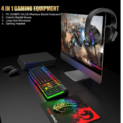 4-in-1 Gaming Combo Bundle Wired Keyboard Mouse Headset & Pad, Wired Keyboard 104 keys and 19 anti-ghosting keys 12 multimedia keys, Wired Gaming Mouse 3 adjustable DPI Ergonomic non-slip design cool backlit, Wired Gaming Headset Stereo sound universal
