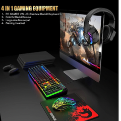 4-in-1 Gaming Combo Bundle Wired Keyboard Mouse Headset & Pad, Wired Keyboard 104 keys and 19 anti-ghosting keys 12 multimedia keys, Wired Gaming Mouse 3 adjustable DPI Ergonomic non-slip design cool backlit, Wired Gaming Headset Stereo sound universal
