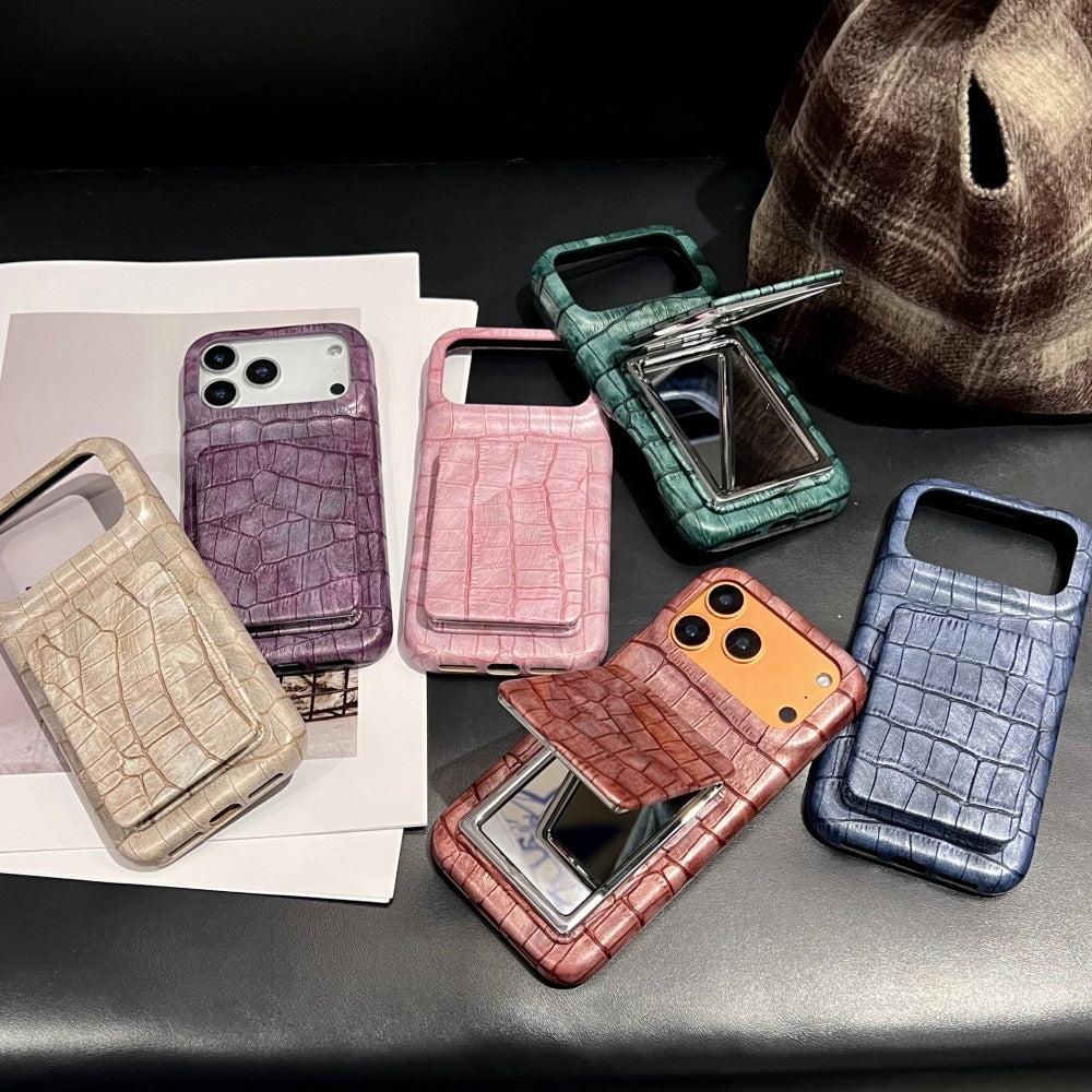 Retro Crocodile Pattern Flip Mirror Phone Case for iPhone 13 14 15 16 17 Series