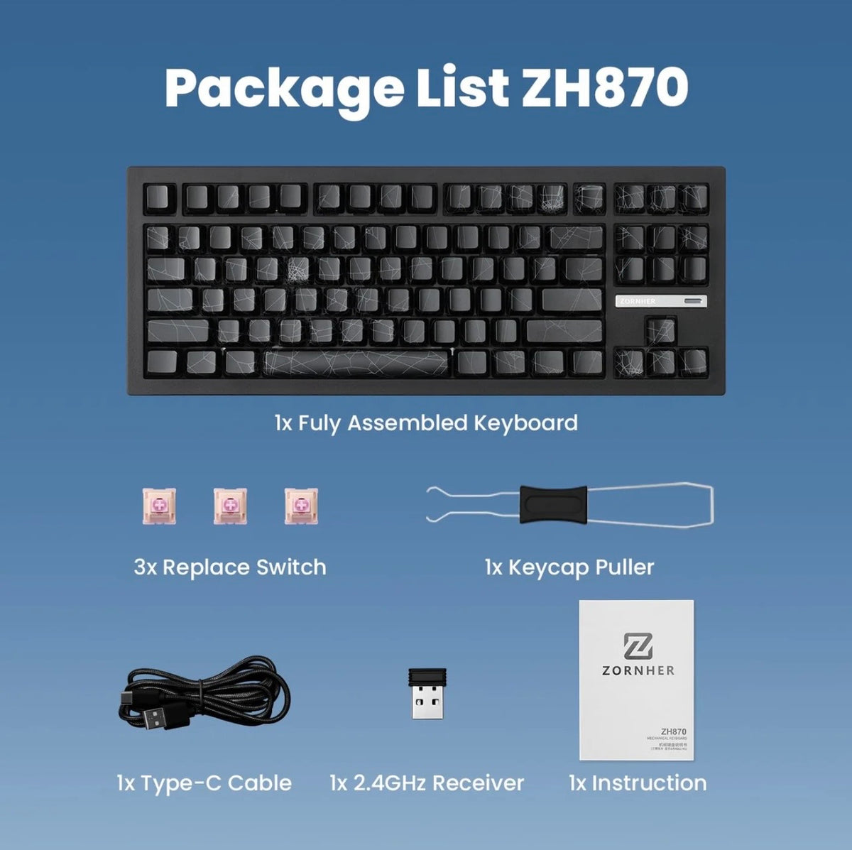 Zornher ZH870 Wireless Gaming Keyboard Three-Mode Full-Key Hot-Swappable - ZeeTec Store