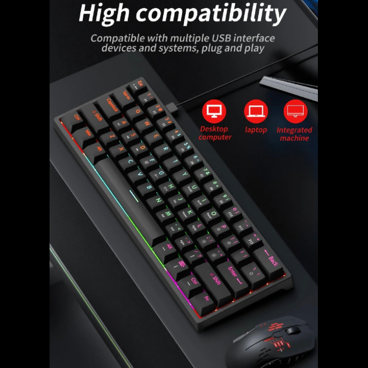 MK61 Wired Gaming Mechanical Keyboard, Compact 61 Keys: 60% layout, Hot-Swappable Switches, RGB Backlit: Fully customizable RGB lighting, FPS Gamer Friendly,