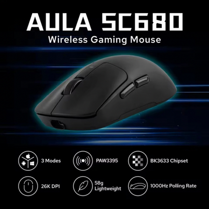 AULA SC680 Gaming Mouse, Triple-Mode (BT 2.4G Wired), Lightweight 58g Esports, Ultra-Fast Response, Ergonomic Design