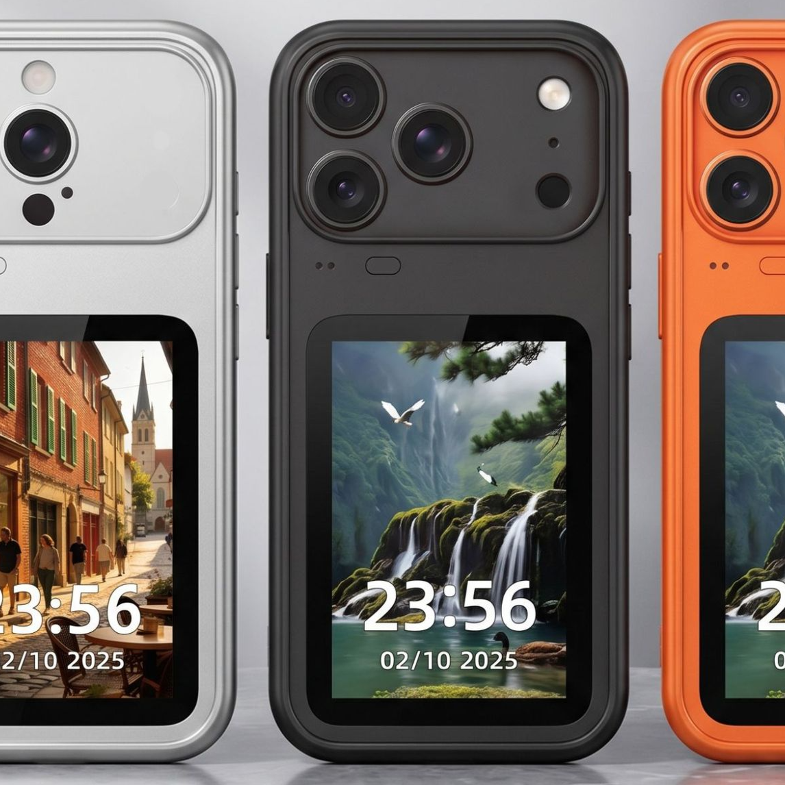 Smart Display Screen Phone Case, Features a 3.5-inch TFT screen for displaying dynamic wallpapers and information. Supports remote photo capture, screen-mirroring for selfies, and built-in games