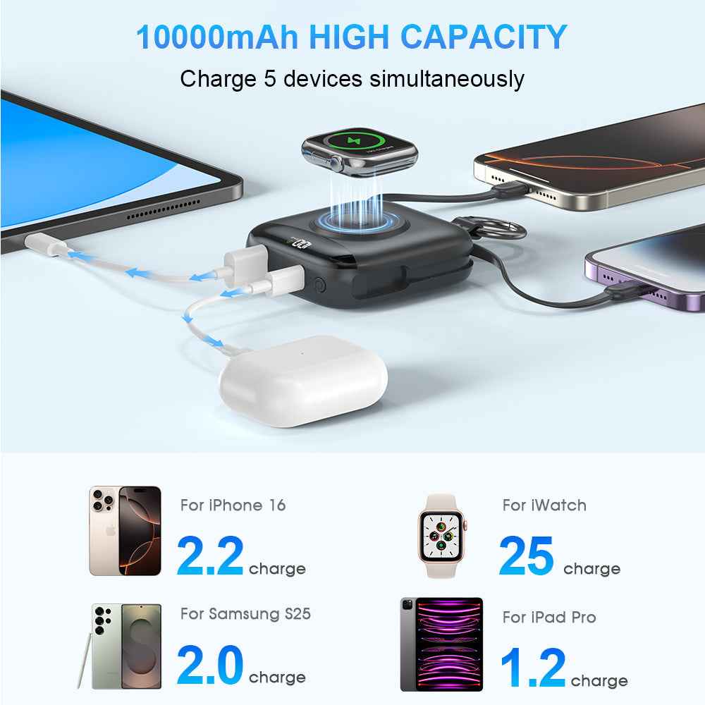 Compact Power Bank Wireless Fast Charging Built-in Cables