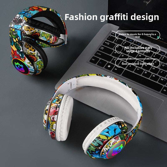 Bluetooth Glowing graffiti headphones, Luminous Design, Card Insertable- Supports memory card insertion, Multi-Compatibility, Long Battery Life 200mAh battery capacity, Lightweight 200g