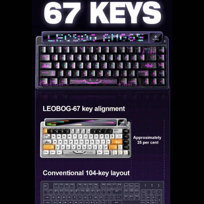 Keyboard with 67 keys and key alignment diagram on a dark background