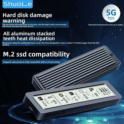 Hard Drive Box, M.2 Smart Screen Display SSD Enclosure USB, Smart Screen Display: Features a built-in screen to monitor real-time data transfer status, Universal Compatibility, Durable Build