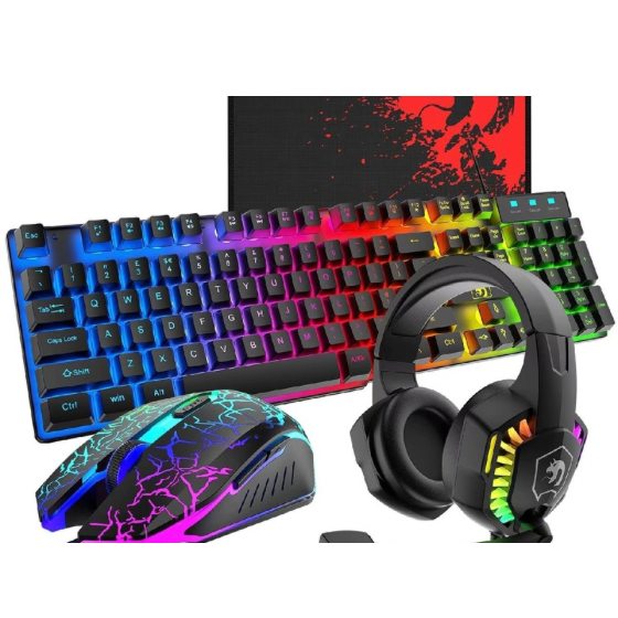 4-in-1 Gaming Combo Bundle Wired Keyboard Mouse Headset & Pad, Wired Keyboard 104 keys and 19 anti-ghosting keys 12 multimedia keys, Wired Gaming Mouse 3 adjustable DPI Ergonomic non-slip design cool backlit, Wired Gaming Headset Stereo sound universal