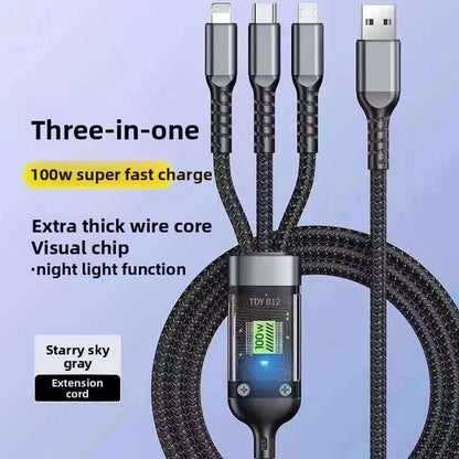 Zn Alloy Fast Cable, High Power Fast Charging: 120W output, Multi-Device Support: One-to-three design with Lightning, Micro USB, and Type-C interfaces, Wide Compatibility, Durable Material: Silicone construction for flexibility and longevity