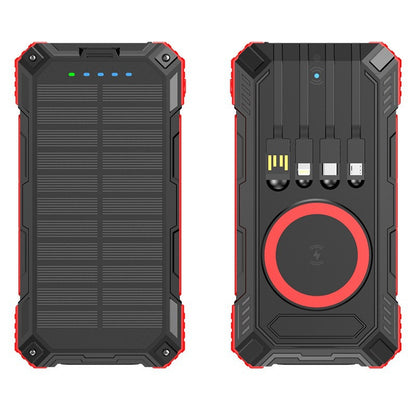 PowerBank with built-in cables and Fast Wireless charging. Equipped with a solar panel to provide emergency power in outdoor environments without access to electricity