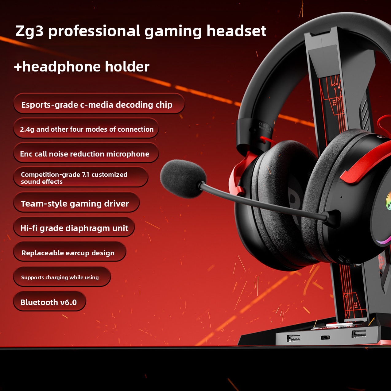 Zg3 E-Sports Gaming Headset Microphone Wireless Wired leather ear cushions - ZeeTec Store