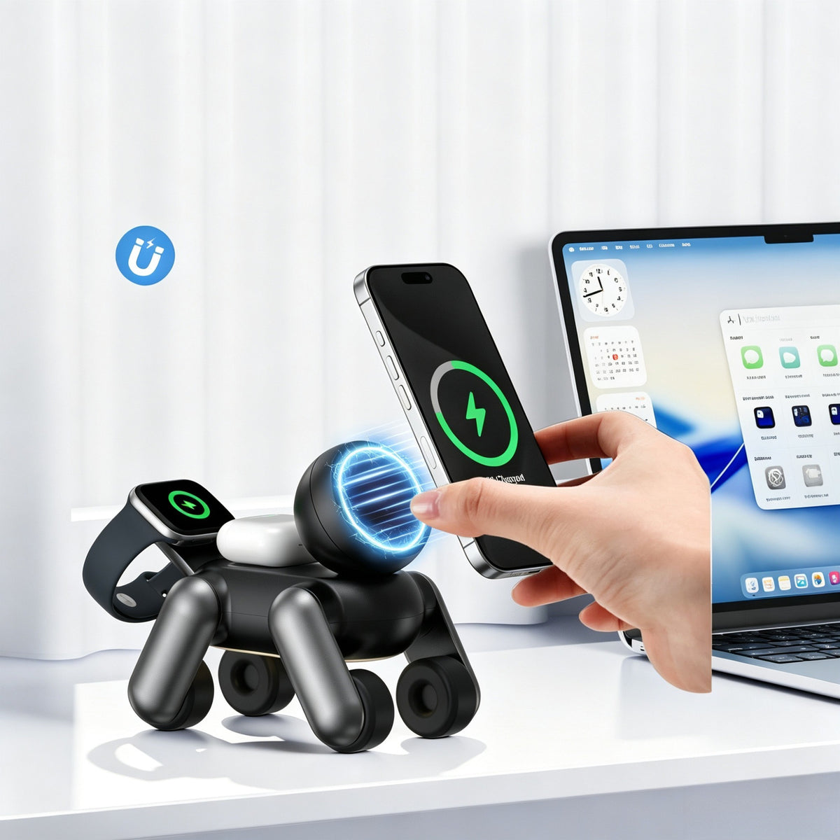 Robot Dog Design 3-in-1 Design Combines a wireless charger, night light, and desk decoration.