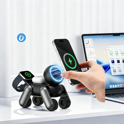 Robot Dog Design 3-in-1 Design Combines a wireless charger, night light, and desk decoration.