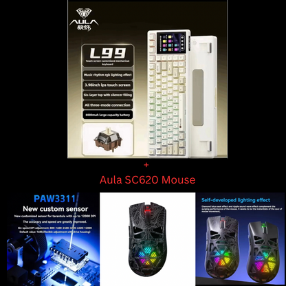 Aula L99 Custom Mechanical Keyboard, Smart Customizable 3.98-inch IPS Touch Screen,RGB LIGHTING: 16 million colour Backlight,Triple Mode Connectivity: Type-C wired/2.4G wireless/Bluetooth - 8000mAh Battery,Hot-Swappable Full 80 Keys