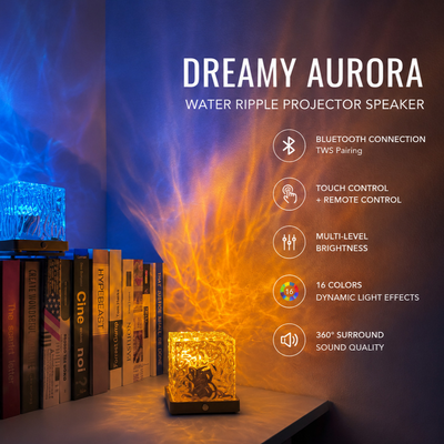 Intelligent Bluetooth speaker with ambient lighting. Projects water ripple or northern lights patterns for a soothing atmosphere.