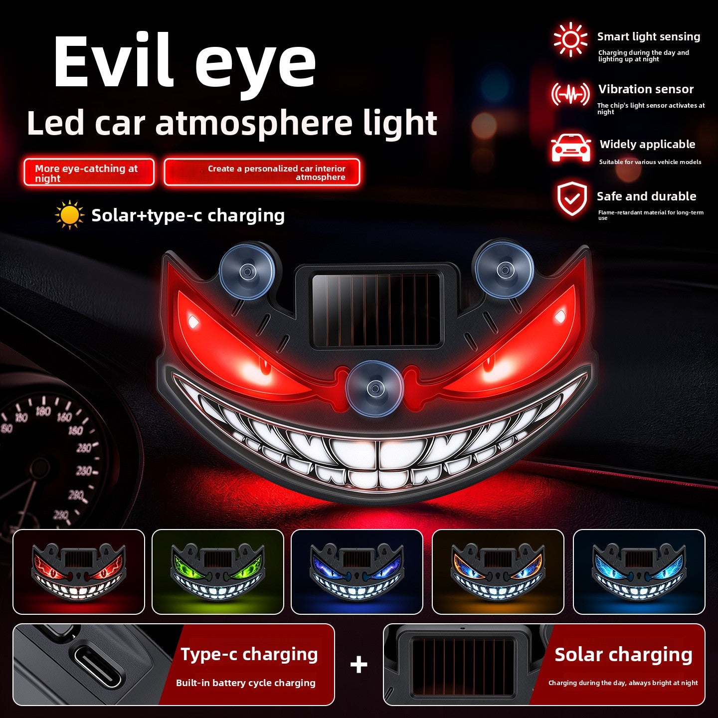 Solar Powered Devil Eye Car Ambient LED Warning Light