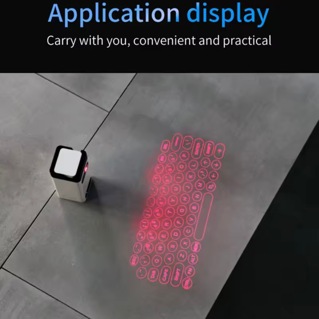 WIRELESS VIRTUAL LASER KEYBOARD,Universal compatible all OS Bluetooth,Two Models: White & Black,White: Phone bracket/power bank/usb/Keyboard/Mouse/6H use,Black: Keyboard/Mouse/2H use,Projection size:10cm*25cm