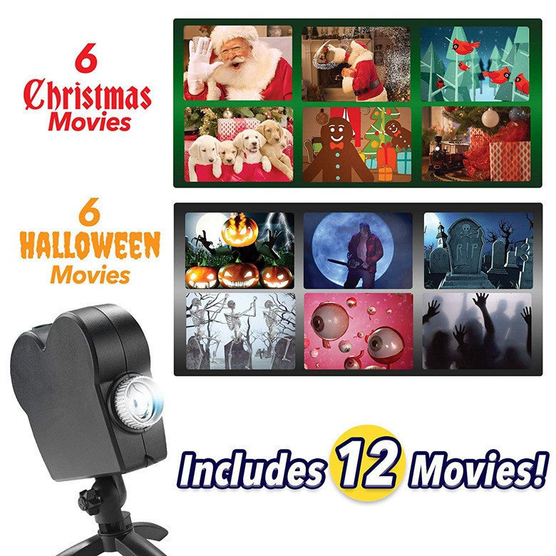 Create Holiday vibes by Projecting on Home Window 12 festive short films for Christmas and Halloween celebrations.