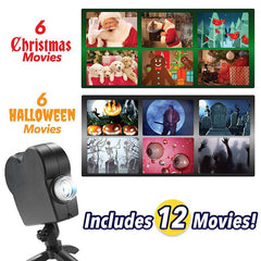 Create Holiday vibes by Projecting on Home Window 12 festive short films for Christmas and Halloween celebrations.