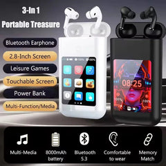 Wireless Earbuds, Power Bank & LCD Touch Screen, Hi-Fi Sound, 8000mAh Charging Case, Smart Touch Screen Display, Remote Photography and Find My Device, Game Mode + Ultra Low Latency, Integrated LED Flashlight, Other Smart Functions