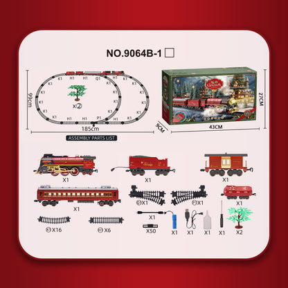 Retro Steam Train Electric Track Toy Features 3 steam spray outlets, Combines lights, forward/backward movement, and simulated steam whistle sounds.