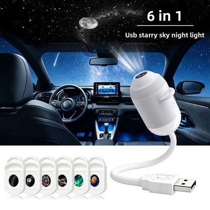 USB Starry Sky Projection soothing night light lamp. Creates a romantic galaxy atmosphere with multiple replaceable star charts. Perfect for relaxation and creating a calming environment.