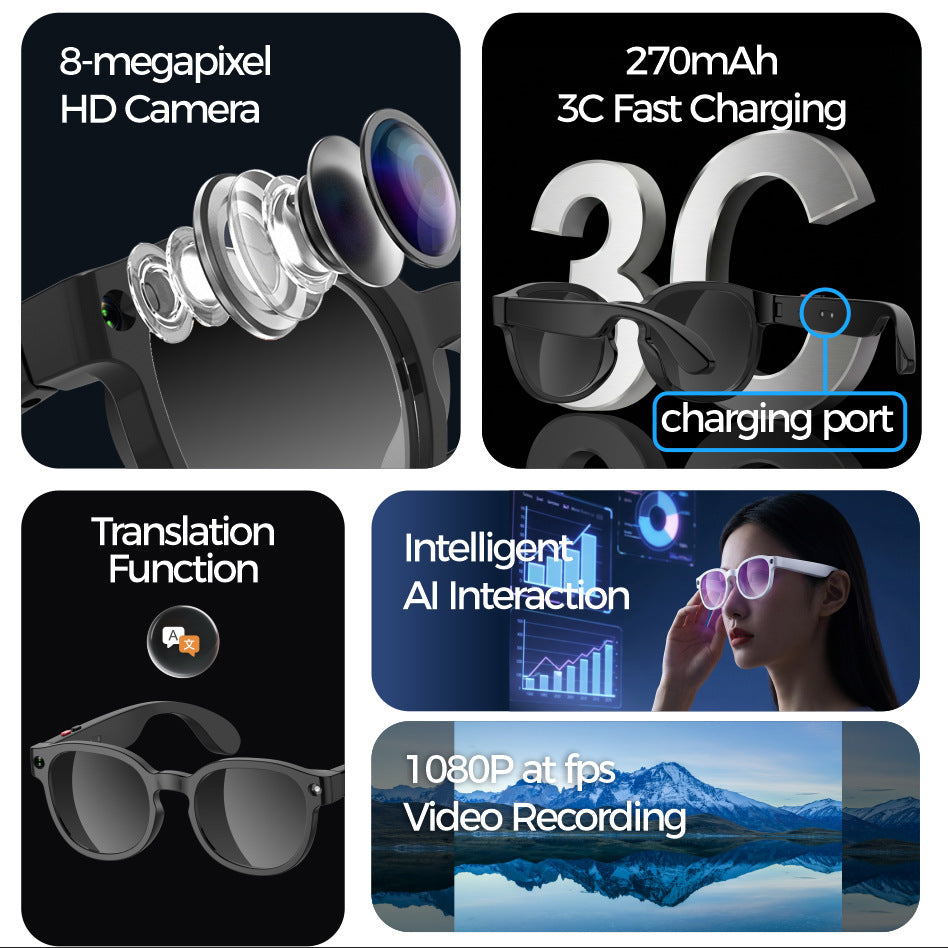 Smart glasses Bluetooth with Camera, Translation Calls Music and Lightweight