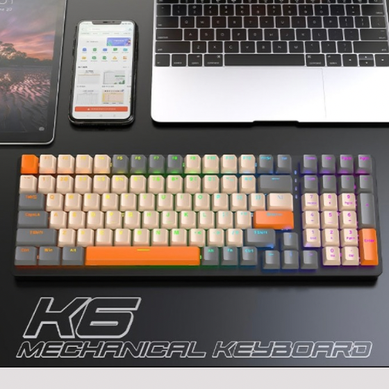 Freewolf K6 mechanical keyboard, Triple mode connectivity, 100 keys layout design, hot-swappable, Multiple lighting effects, Red axis feature and trigger pressure,