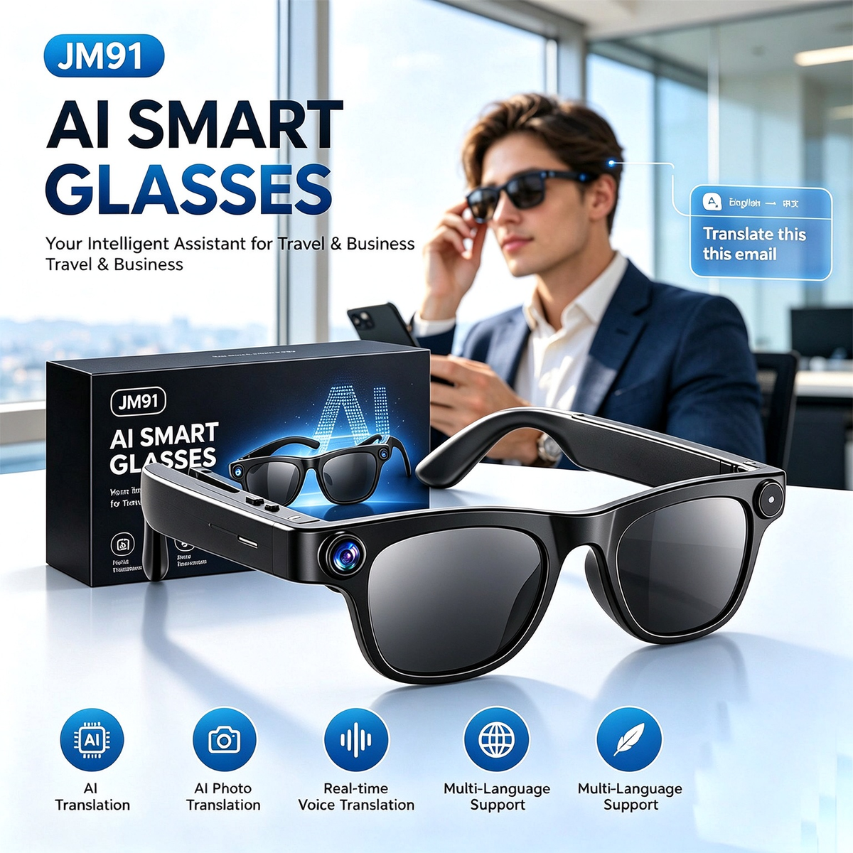 Smart Glasses with AI Translation HD Camera and Compatible with iOS Android. Combines photography, calling, recording, and real-time translation in one device.