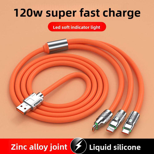 Zn Alloy Fast Cable, High Power Fast Charging: 120W output, Multi-Device Support: One-to-three design with Lightning, Micro USB, and Type-C interfaces, Wide Compatibility, Durable Material: Silicone construction for flexibility and longevity