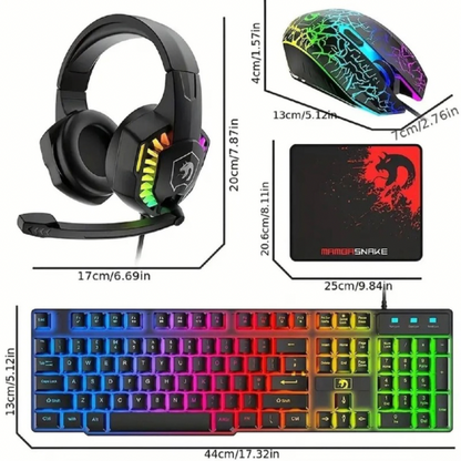 4-in-1 Gaming Combo Bundle Wired Keyboard Mouse Headset & Pad, Wired Keyboard 104 keys and 19 anti-ghosting keys 12 multimedia keys, Wired Gaming Mouse 3 adjustable DPI Ergonomic non-slip design cool backlit, Wired Gaming Headset Stereo sound universal
