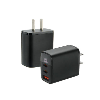 30W Triple Port Fast Charger with Digital Display, Universal Compatibility, PD Protocol: Supports Power Delivery for efficient fast charging