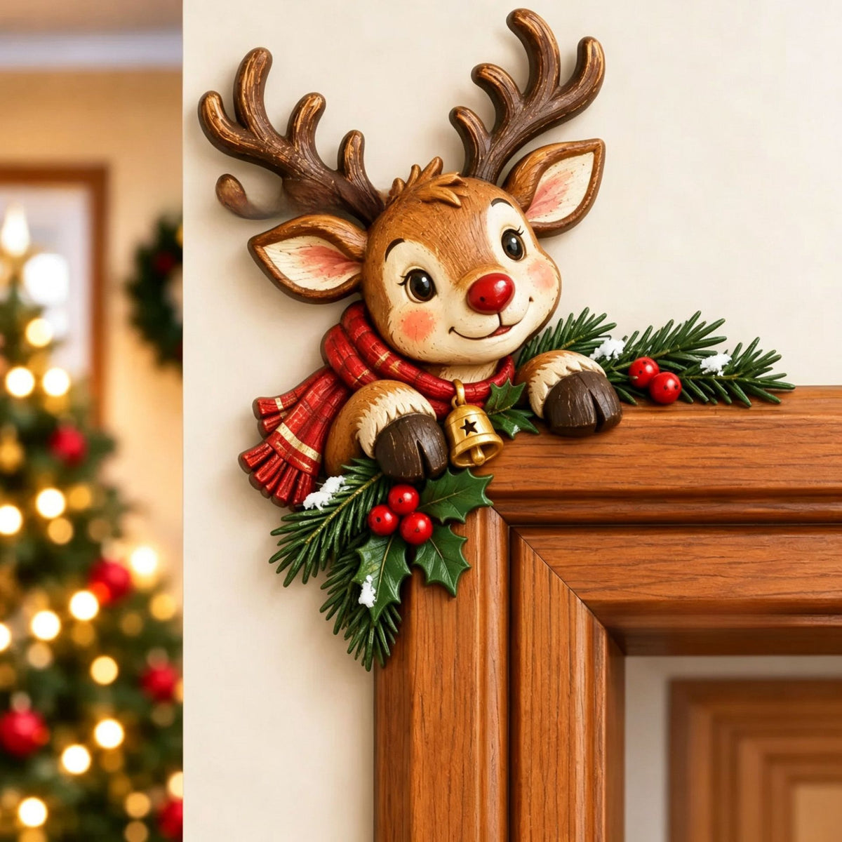 Christmas Peekaboo Door Frame Corner Decor. Simple setup, holiday characters and elements for seasonal ambiance