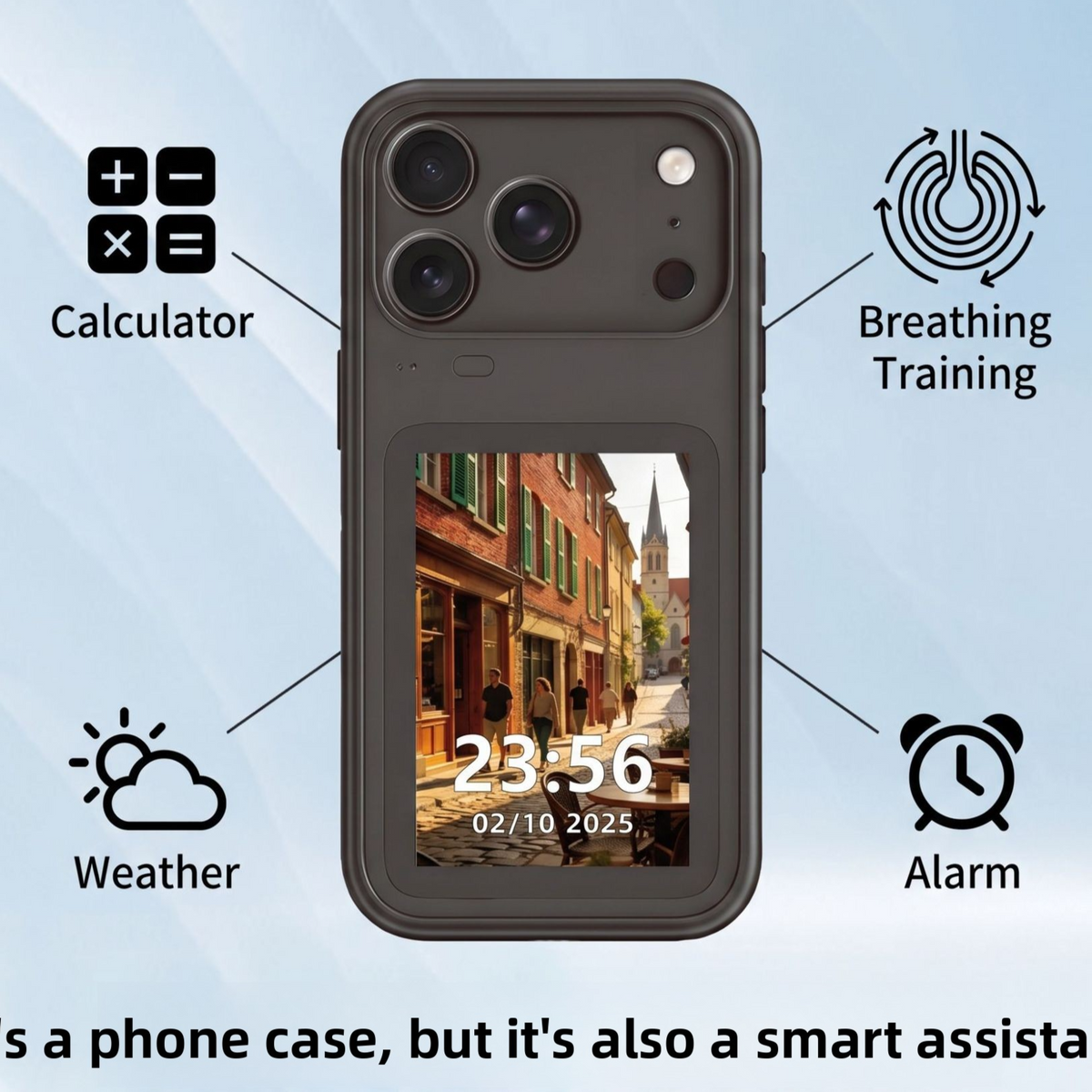 Smart Display Screen Phone Case, Features a 3.5-inch TFT screen for displaying dynamic wallpapers and information. Supports remote photo capture, screen-mirroring for selfies, and built-in games