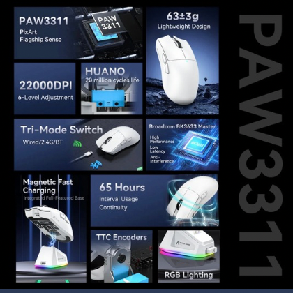 Attack shark x11 features of a gaming mouse with specifications on a dark background