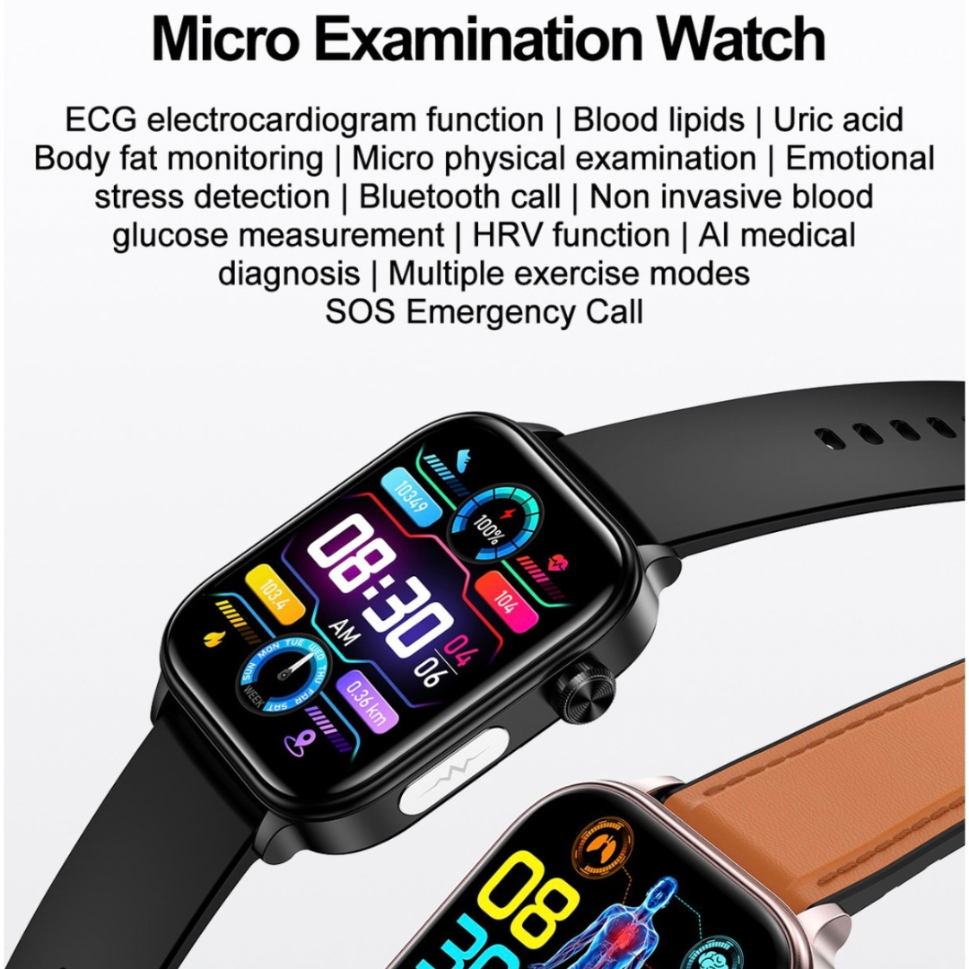 Advanced Smart Watch,1.96" IPS HD touch,Bluetooth call|Smart apps,Advanced Health monitor: ECG|Blood lipids|Uric acid|Body fat|Micro physical examination|Emotional stress detection|Non invasive blood glucose measure|Battery up to 7 days