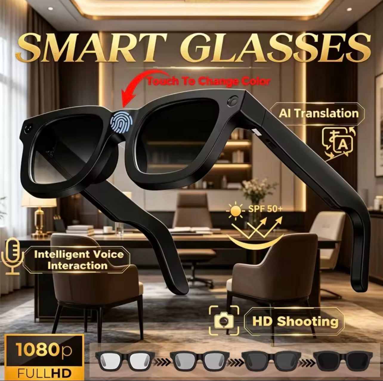 Smart Glasses Electrochromic Lenses 8MP Camera AI