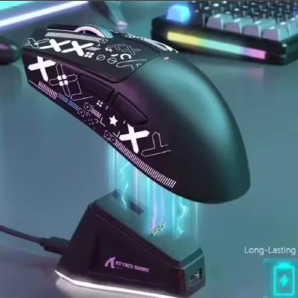 Attack shark x11 Gaming mouse with charging stand on a desk