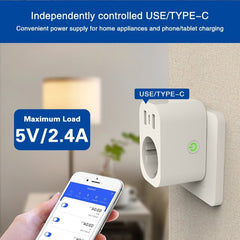 Smart Socket, WiFi Control, Remote control via Tuya app for convenient power management, Multi-Region Compatibility, Dual Charging Ports - Built-in USB and Type-C interfaces, Durable Material